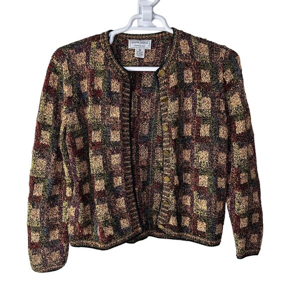 VTG South Cotton Hand Knit Cardigan Sweater Women's Small Cotton Blend Plaid Y2K - Picture 1 of 8